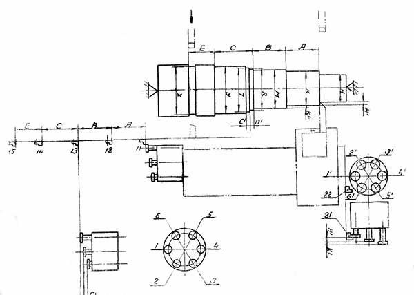 Пример установки упоров при обточке ступінчастого вала токарно-гвинторізного верстата Кусон S1-250